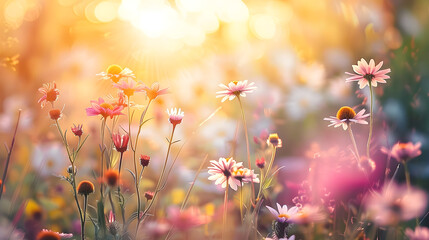 The setting sun casts a dreamy, soft glow over a field of diverse wildflowers, creating a tranquil and ethereal landscape that captivates the essence of late summer evenings