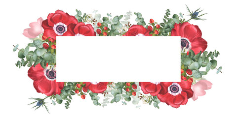 Horizontal frame of red anemones, with eucalyptus hypericum and eryngium. Watercolor illustration. Floral arrangement with poppies and greenery. Spring banner, cards, flower shops