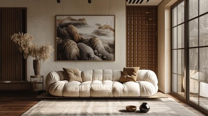 Step into a 3D visualization of a modern living room, complete with a cozy beige sofa and stylish decor