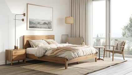 a soft bed in the bedroom by the window in a spacious open-plan apartment with a stylish modern bright design. tawassul