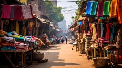Fototapeta premium Illustration of a traditional market, with a background of alleys with merchandise on either side, and several people buying and selling