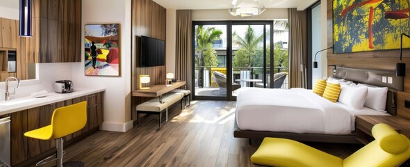 a soft bed in the bedroom by the window in a spacious open-plan apartment with a stylish modern bright design. tawassul