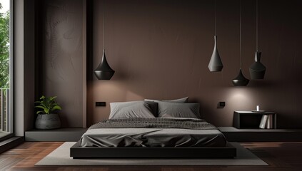 Modern bedroom interior with a cozy double bed, elegant bedside lamps, and a tranquil, neutral color palette. tawassul
