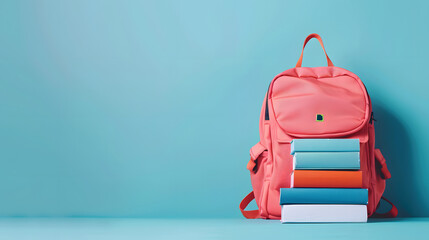 A neatly organized pink backpack with stacked colorful books against a blue background, symbolizing preparation and excitement for a new academic year.