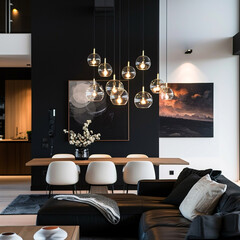 Contemporary Scandinavian living room with a black accent wall, modern art, and a cluster of pendant lights.