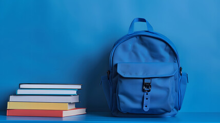 A serene blue backpack beside a stack of books on a unified blue background, creating a calm and focused educational setting with ample space for text.