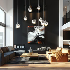 Contemporary Scandinavian living room with a black accent wall, modern art, and a cluster of pendant lights.