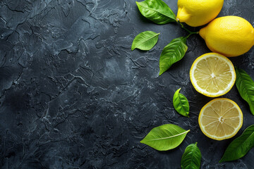 A fresh lemon on the kitchen dark stone table, slightly sliced, flat lay with a place for text. AI generated