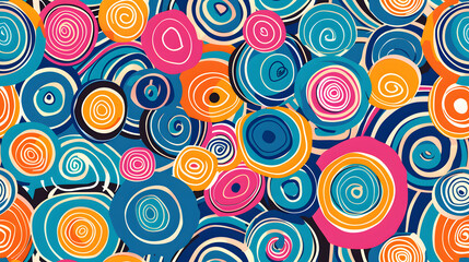 This energetic seamless pattern showcases bohemian spirals in a riot of colors, including pink, orange, and blue, perfect for dynamic designs and eclectic decor.
