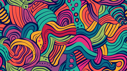 Unleash creativity with this vibrant seamless pattern featuring whimsical waves and playful shapes in an array of green, pink, and teal. Perfect for textiles, wallpapers, and quirky decor.