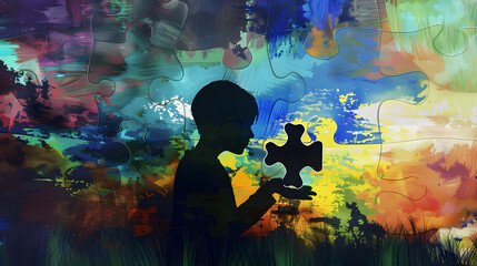 compelling image features a silhouette of a child holding a puzzle piece against a backdrop of vivid colors, representing the diverse and multifaceted nature of autism spectrum disorders.