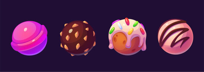 Cute candy planet for fantasy game ui universe design. Cartoon vector illustration set of funny sweet dessert confectionery balls made of lollipop, ice cream, chocolate with nut chips, cake with icing