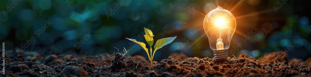 Wall mural a small plant is growing in the dirt next to a light bulb