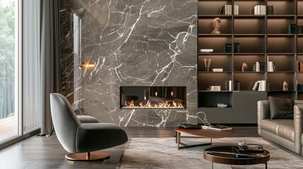 living room, marble wall fireplace and stylish bookcase to the ceiling. generative ai