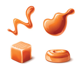 Milk toffee caramel splash and candy. Realistic 3d vector illustration set of liquid sweet dessert sauce or syrup drop. Brown confection cube, lozenge and spilled droplets. Sugary food piece and drip.