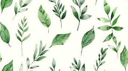 Naklejka premium A seamless pattern featuring green watercolor leaves intricately arranged on a white background. Perfect for nature-inspired designs, wallpapers, and fabric prints.