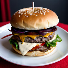 Cheeseburger on a plate in the restaurant
