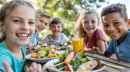 A group of smiling children enjoying a healthy picnic lunch together at a wooden table in a sunny outdoor setting. Ideal for themes of friendship, healthy eating, and outdoor activities.