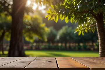 Empty wooden table in a coffee tree farm with a sunny, blur garden background with a country outdoor theme. Generative AI 