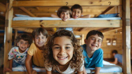 A group of excited kids smiling and posing in their bunk beds at a summer camp cabin. Ideal for themes of friendship, adventure, and summer fun.