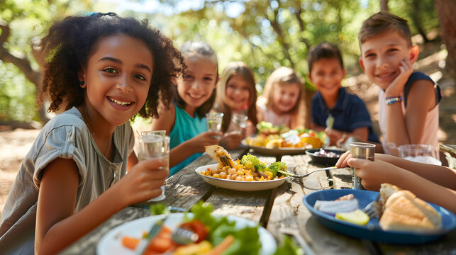 Diverse group of joyful children sharing a meal and smiles around a rustic picnic table in a leafy park setting, showcasing friendship and healthy eating outdoors.