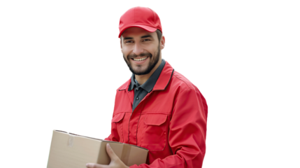 Delivery courier service. Delivery man in red cap and uniform holding a cardboard box. transparent, isolated on white. PNG.