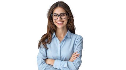 Happy young smiling confident professional business woman wearing blue shirt and glasses. transparent, isolated on white. PNG.