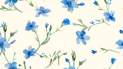 A seamless pattern featuring delicate blue watercolor flowers and leaves on a beige background. Ideal for textile designs, wallpapers, and elegant decorative projects