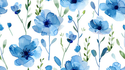 A seamless pattern featuring blue watercolor flowers and green leaves on a white background. Perfect for textile designs, wallpapers, and elegant decorative projects.