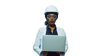 Portrait of a Black Female Engineer in Hard Hat Walking and Using Laptop Computer. Transparent, isolated on white. PNG.