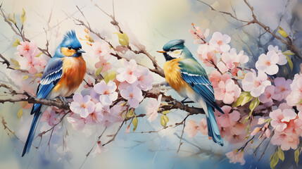 Watercolor illustration of Delicate birds on flowering branches against a soft background,...