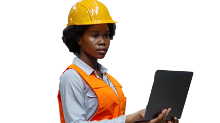 Portrait of a Black Female Engineer in Hard Hat Walking and Using Laptop Computer. Transparent, isolated on white. PNG.