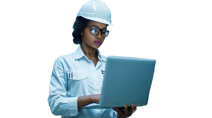 Portrait of a Black Female Engineer in Hard Hat Walking and Using Laptop Computer. Transparent, isolated on white. PNG.