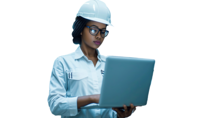 Portrait of a Black Female Engineer in Hard Hat Walking and Using Laptop Computer. Transparent, isolated on white. PNG.