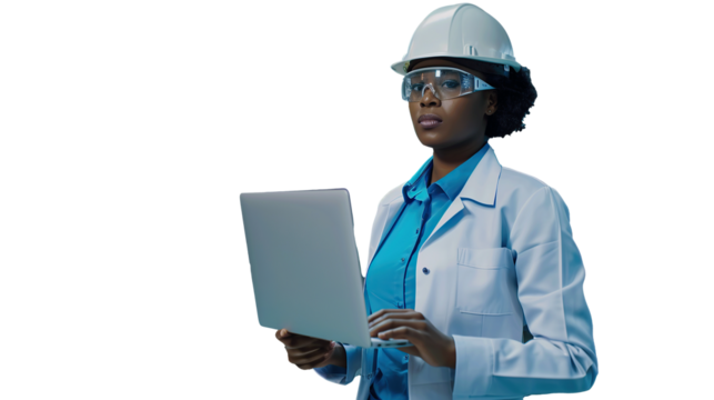 Portrait of a Black Female Engineer in Hard Hat Walking and Using Laptop Computer. Transparent, isolated on white. PNG.