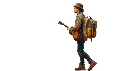 Side view traveler man wearing casual clothes hold bag suitcase pov guitar. transparent, isolated on white. PNG.