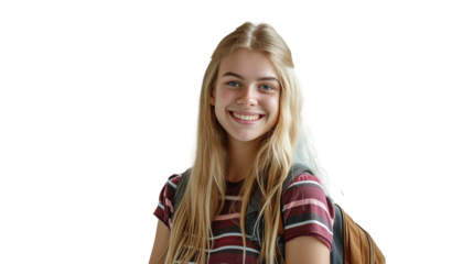 Smiling cute pretty blond girl, positive female teenage high school student holding backpack looking at camera transparent, isolated on white. PNG.