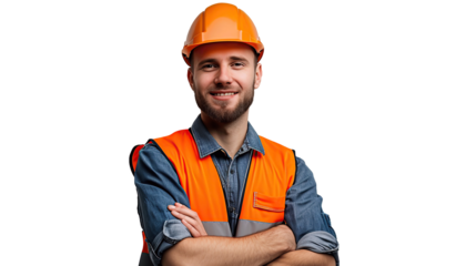 Smiling Face Male Bricklayer With Safety And Crossed Arms Isolated on a Transparent Background. PNG.