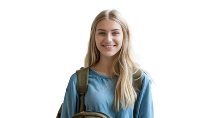 Smiling cute pretty blond girl, positive female teenage high school student holding backpack looking at camera transparent, isolated on white. PNG.