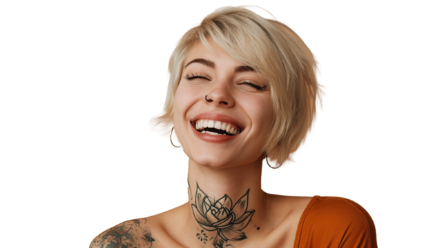 Smiling blond pretty happy girl beauty female generation z tattooed model with short blonde hair transparent, isolated on white. PNG.