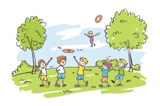 Cartoon cute doodles of friends meeting up at a local park for a game of frisbee, tossing the disc back and forth and enjoying the sunshine and fresh air,Generative AI