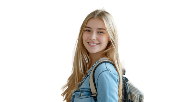 Smiling cute pretty blond girl, positive female teenage high school student holding backpack looking at camera transparent, isolated on white. PNG. - Powered by Adobe