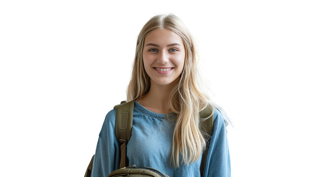 Smiling cute pretty blond girl, positive female teenage high school student holding backpack looking at camera transparent, isolated on white. PNG.