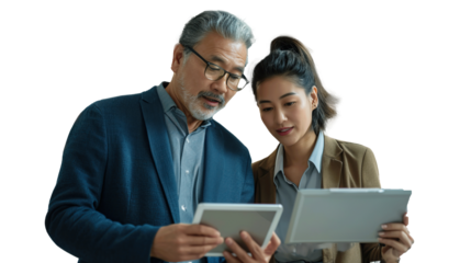 Two diverse business team people talking and working. transparent, isolated on white. PNG.