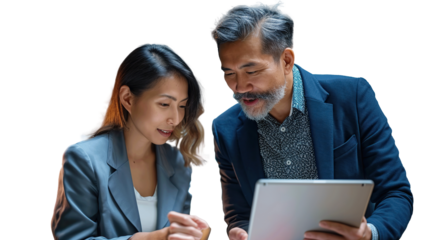 Two diverse business team people talking and working. transparent, isolated on white. PNG.