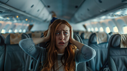 A child is screaming in the cabin of an airplane. The disgruntled woman was tired of the child's cry.