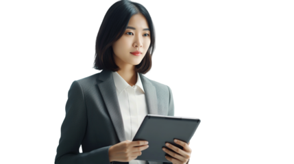 Young Asian business woman entrepreneur standing in office holding digital tablet. transparent, isolated on white. PNG.