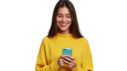 Young curious smiling happy pretty latin woman holding mobile phone. transparent, isolated on white. PNG.