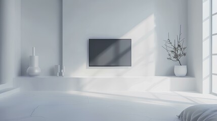 A minimalist living room featuring a wall-mounted TV with subtle decoration, seamlessly blending into the white wall. The 3D rendering captures the simplicity of the design.