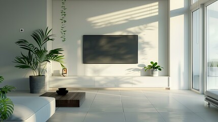 A minimalist living room featuring a wall-mounted TV with subtle decoration, seamlessly blending into the white wall. The 3D rendering captures the simplicity of the design